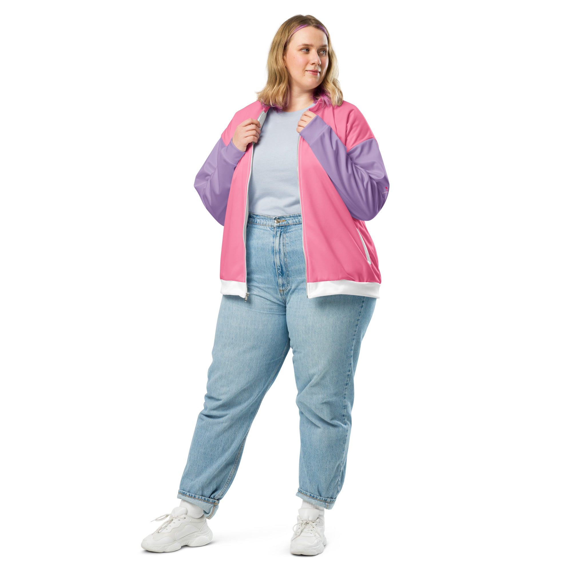 Veste de bombardier SWEET BABY rose et mauve, zip, col montant et bord côte blanc