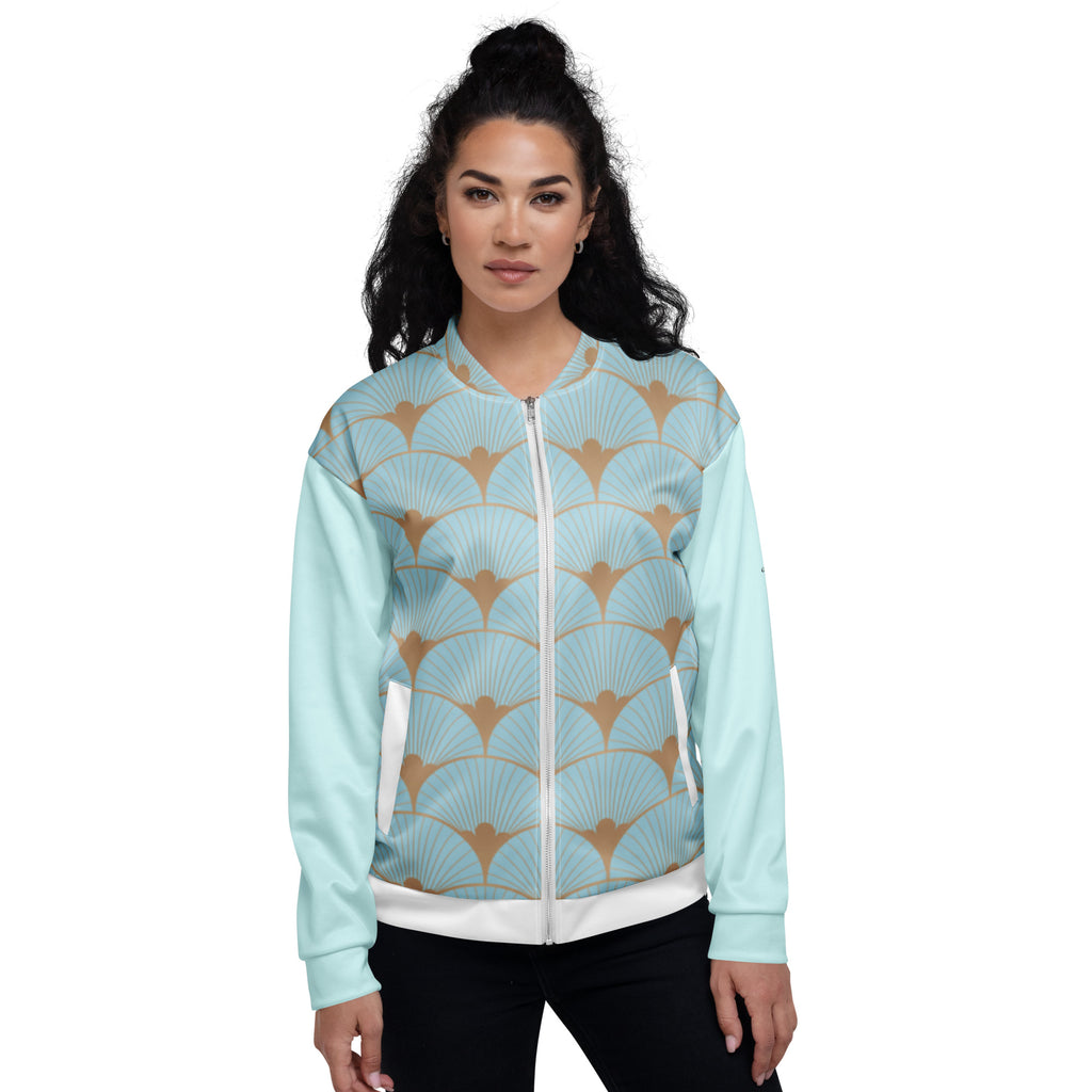 Veste de bombardier bleu clair à motif art déco éventails, zip frontal, poignets côtelés.