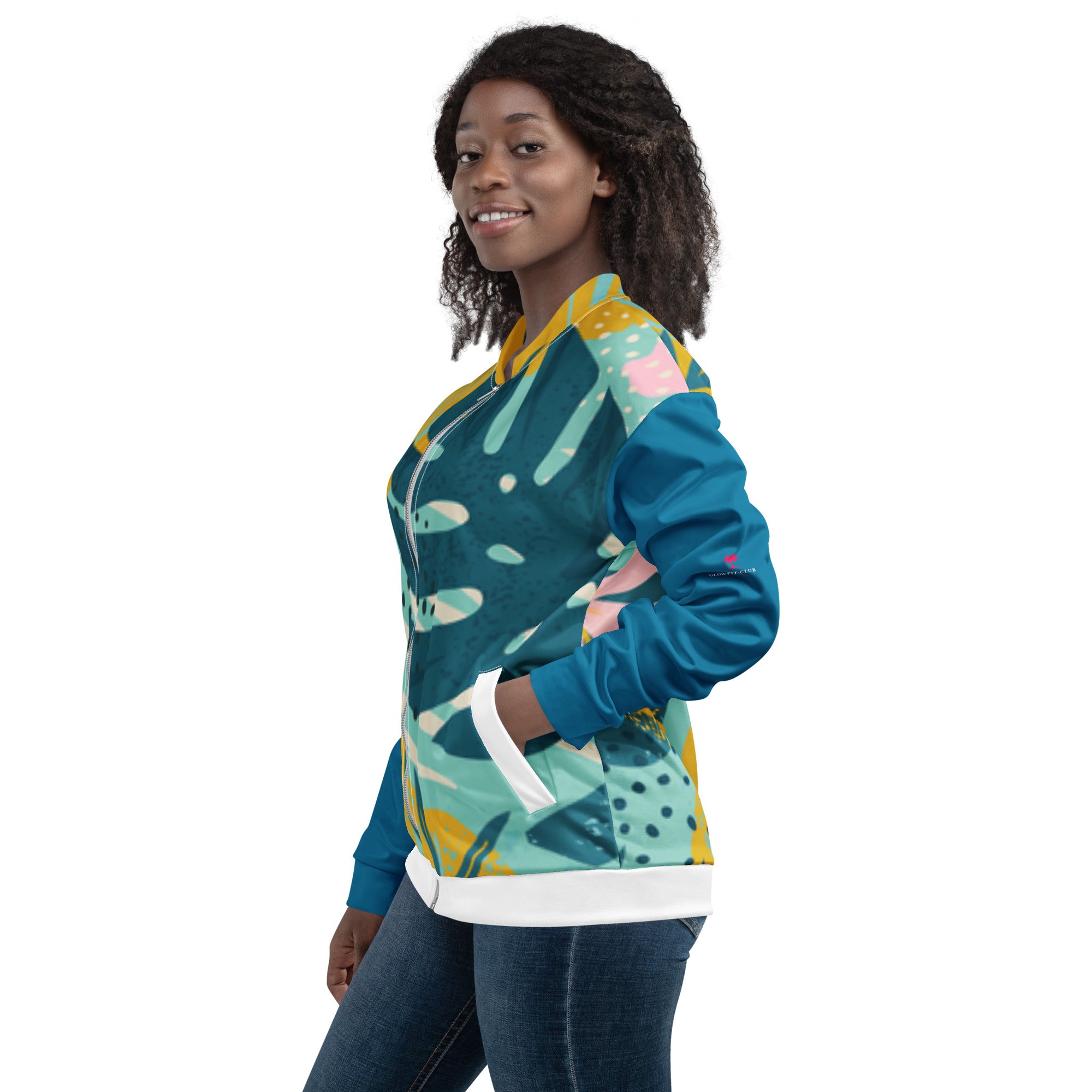 Veste de bombardier CORALIA profil, imprimé abstrait multicolore, zip devant, bas côtelé blanc