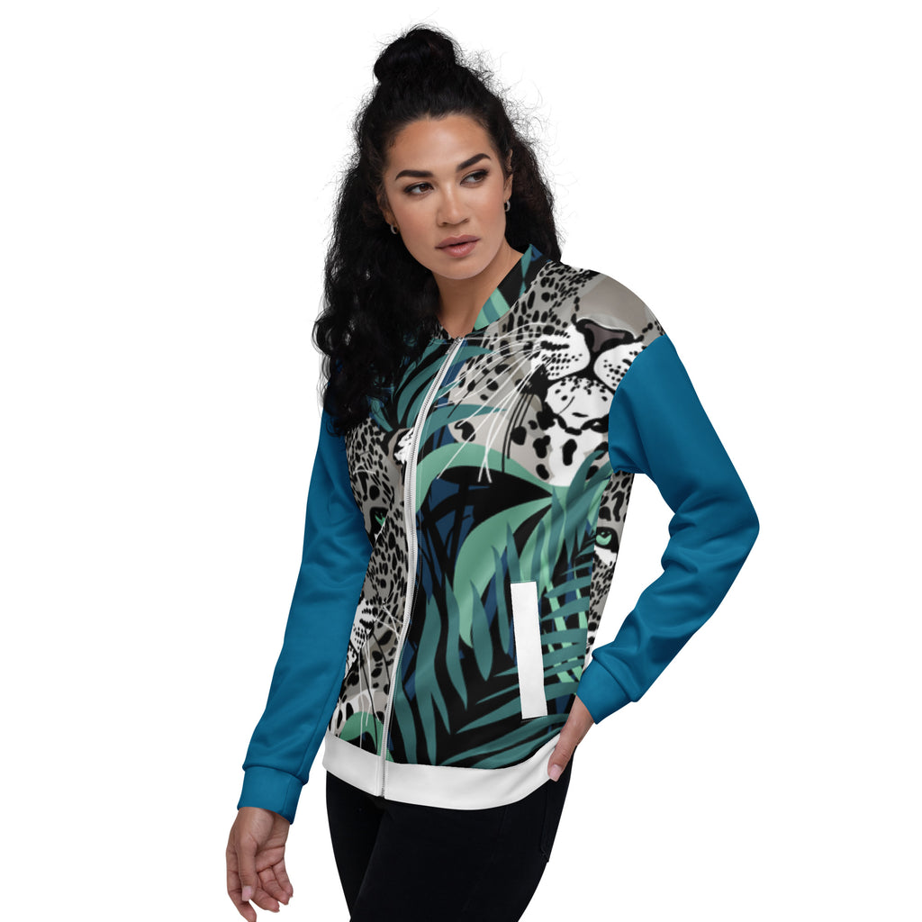 Veste bomber zippée à capuche, imprimé jungle léopard, bandes contrastées blanches au bas