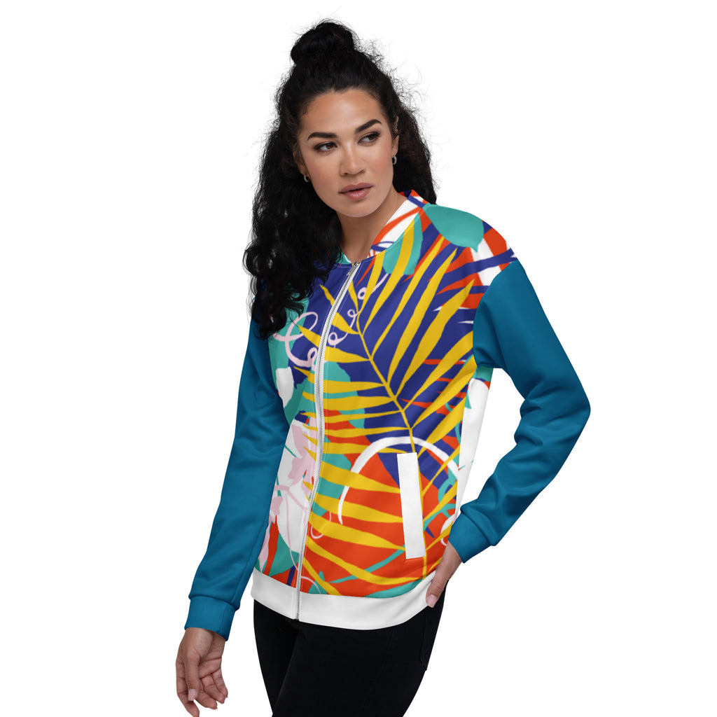Veste de bombardier imprimée jungle multicolore, zip frontal, bord côtelé blanc, manches bleu.