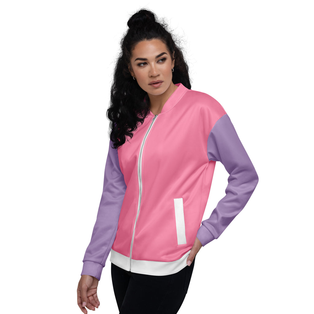 Veste de bombardier SWEET BABY rose à zip blanc, empiècements mauve, bord côte