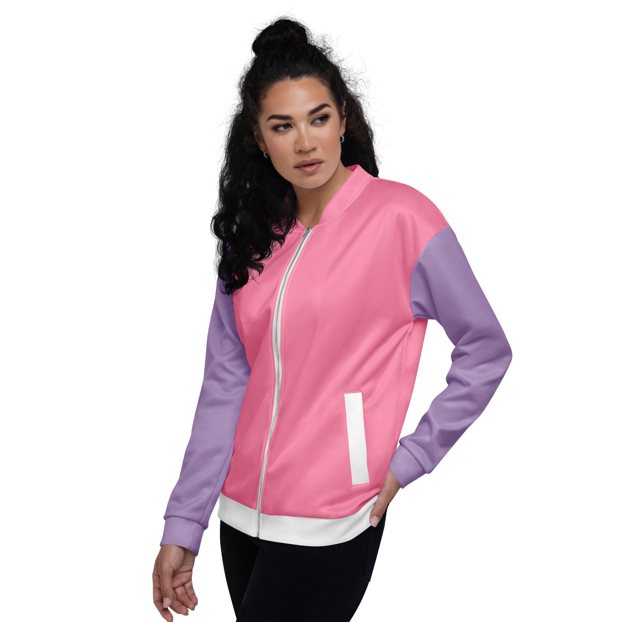 Veste de bombardier SWEET BABY rose à zip blanc, empiècements mauve, bord côte