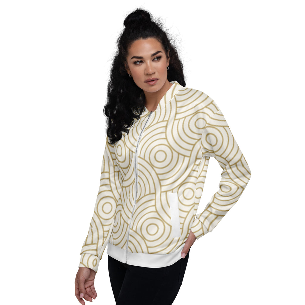 Veste de bombardier motif Art déco, fermeture zippée et col montant, manches longues ajustées.