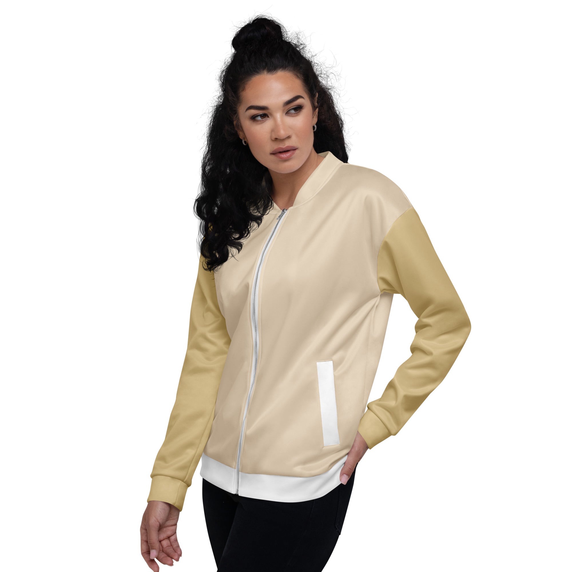 Veste de bombardier GOLDEN beige-jaune clair, zip blanc contrasté et poches poitrine blanches.