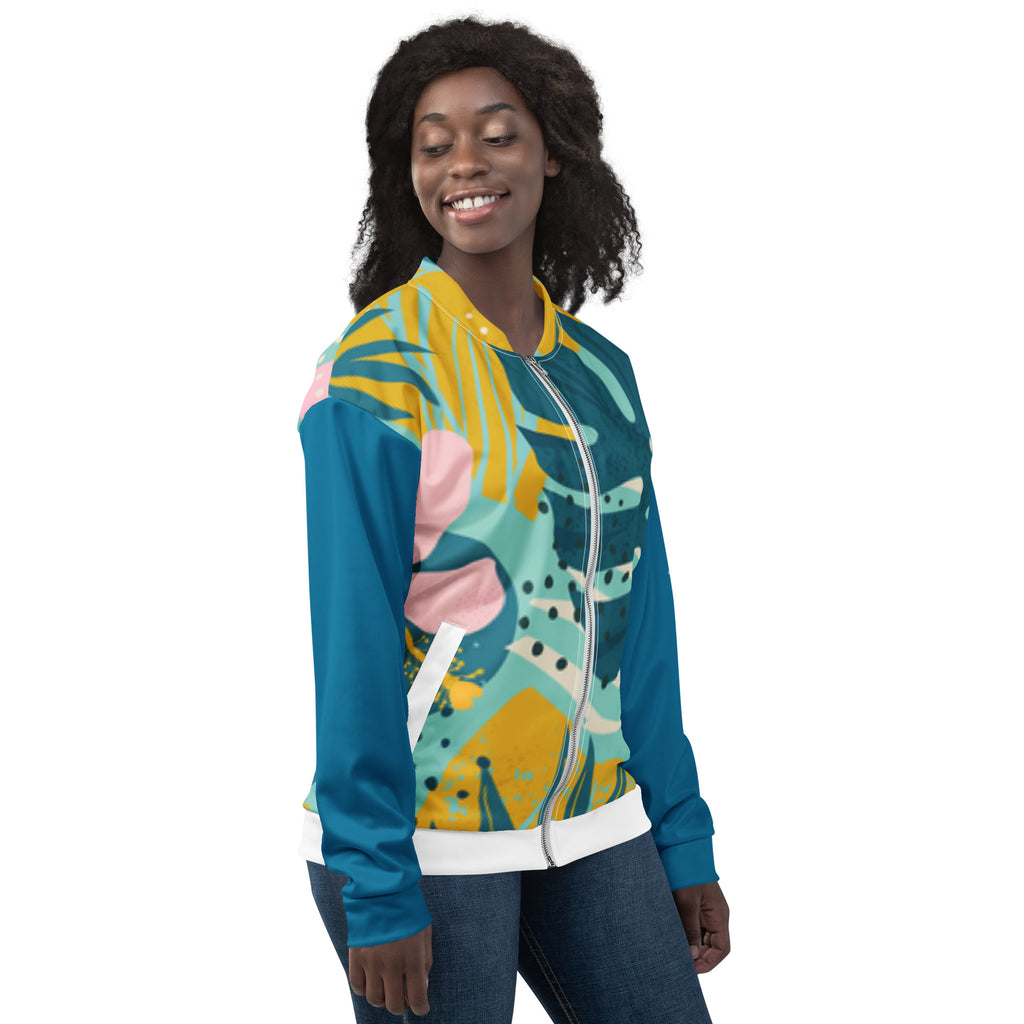 Veste de bombardier CORALIA bleu turquoise, imprimé abstrait, zip devant, col montant