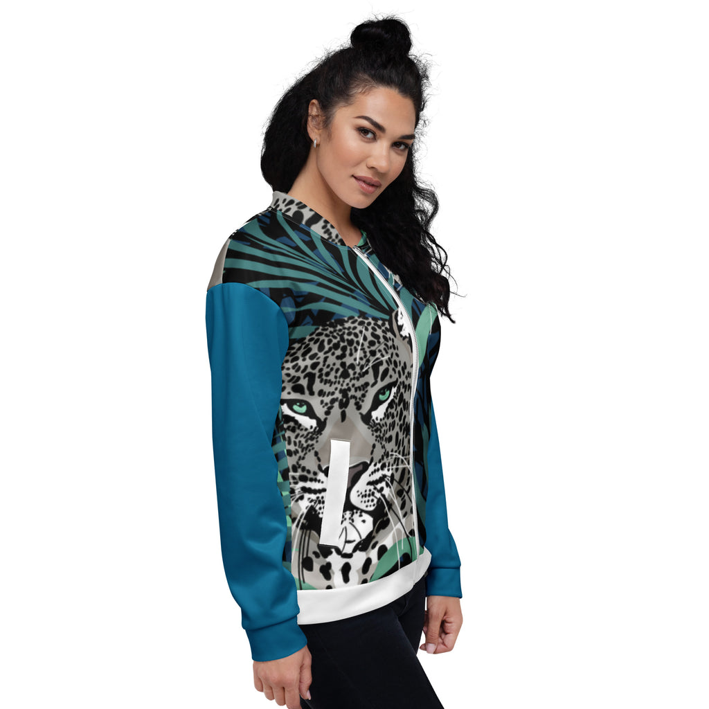 Veste bomber zippée à capuche, imprimé léopard jungle, épaules et manches bleu pétrole