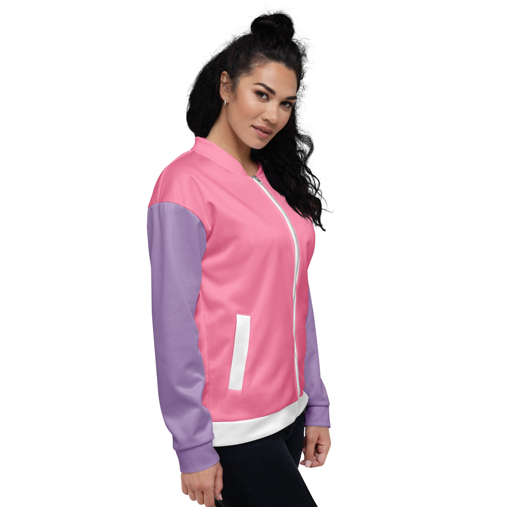 Veste de bombardier SWEET BABY rose avec manches mauve, zip contrasté, bord côte blanc
