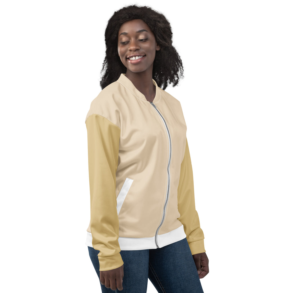 Veste de bombardier GOLDEN jaune clair avec fermeture éclair et finitions blanches côtelées.