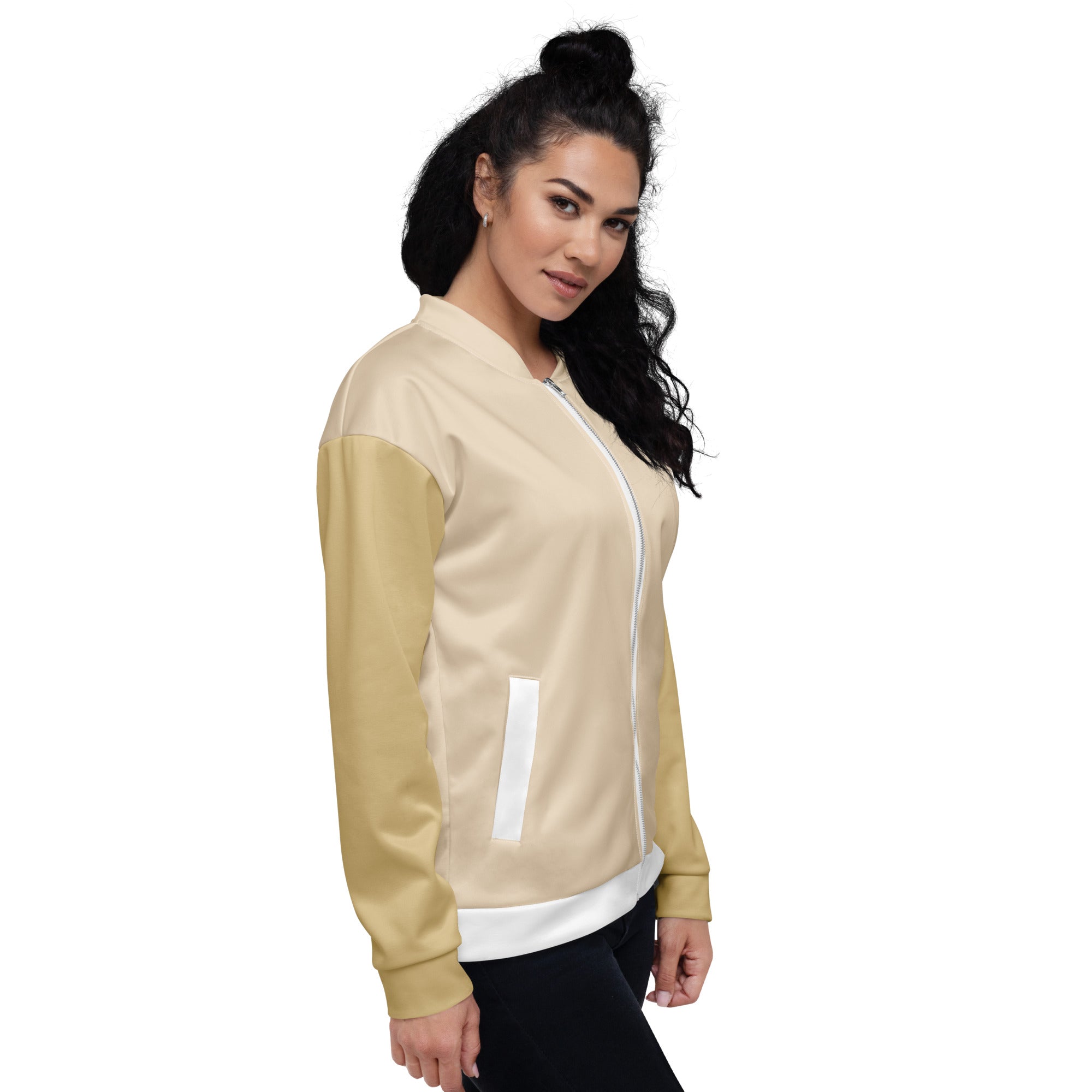 Veste de bombardier GOLDEN avec manches contrastées jaune, fermeture éclair blanche et bordure côtelée.