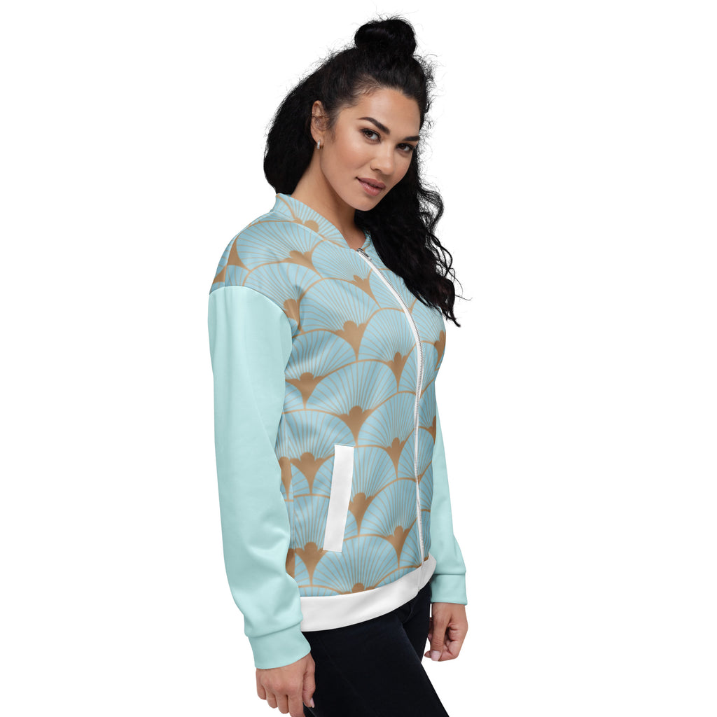 Veste de bombardier bleu clair motif art déco éventails, coupe courte, zip frontal, poignets côtelés.
