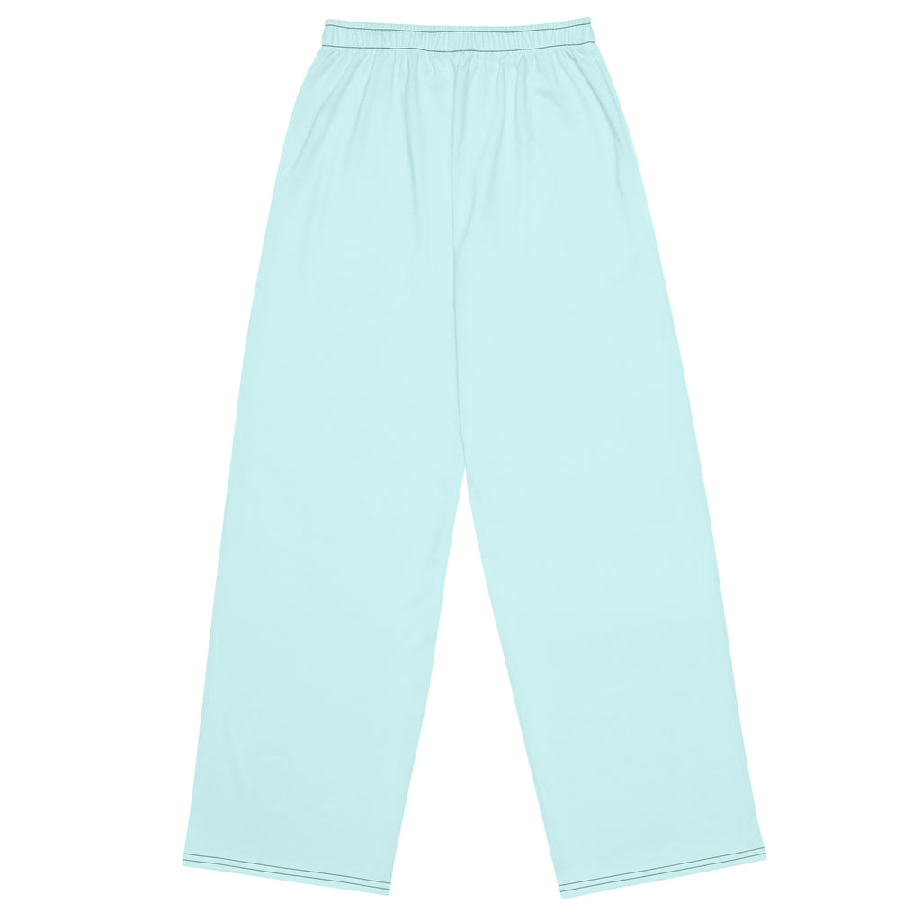 Pantalon large aqua à taille élastique, coupe ample, bas droit.
