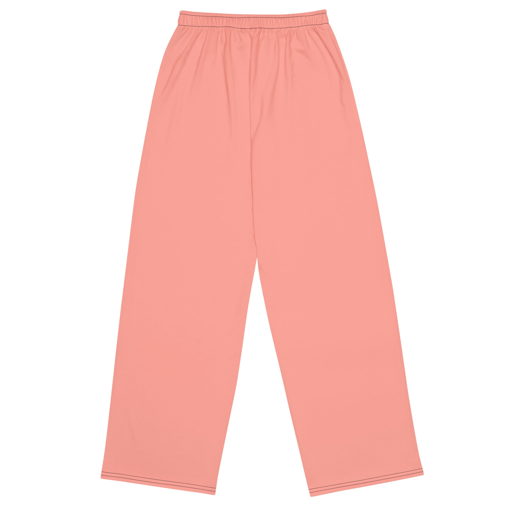 Pantalon large rose, taille élastique froncée, bas droit, coutures visibles.