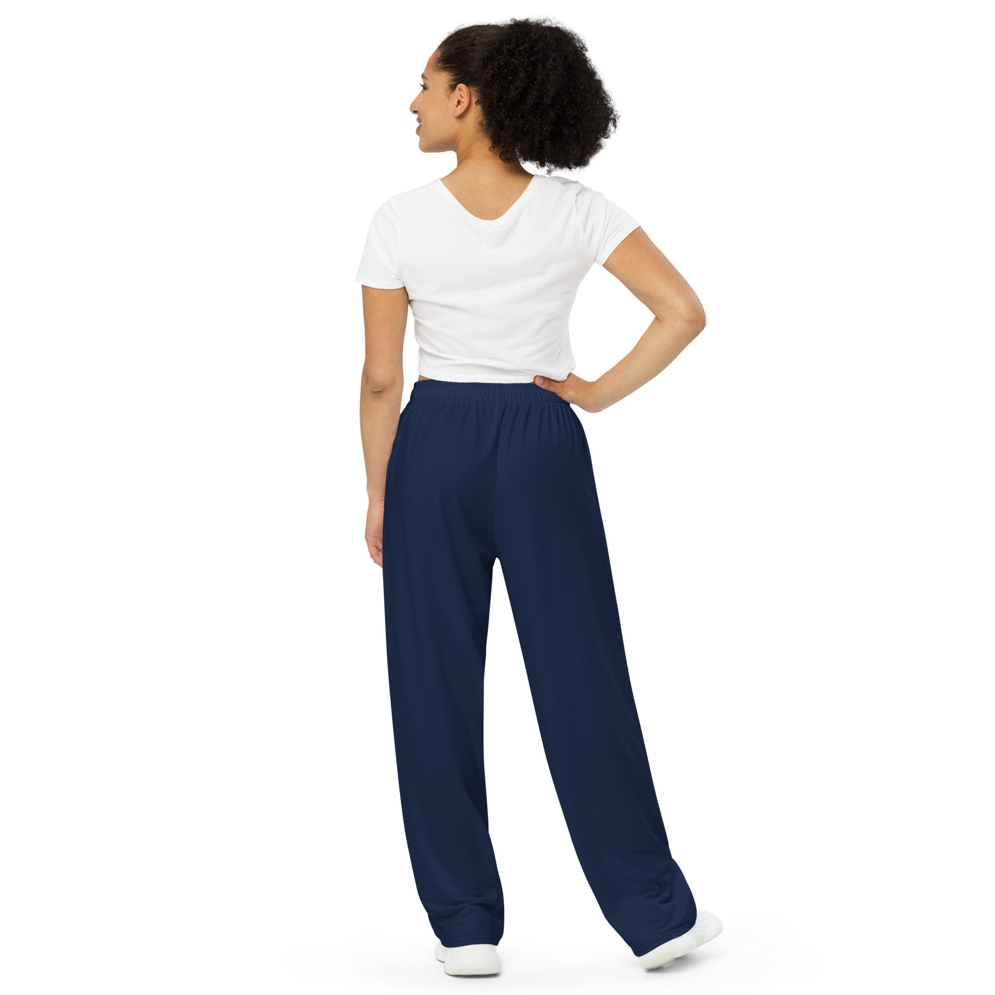 Pantalon large bleu foncé à taille élastique, jambe ample, marquage vertical GLOWFIT-CLUB