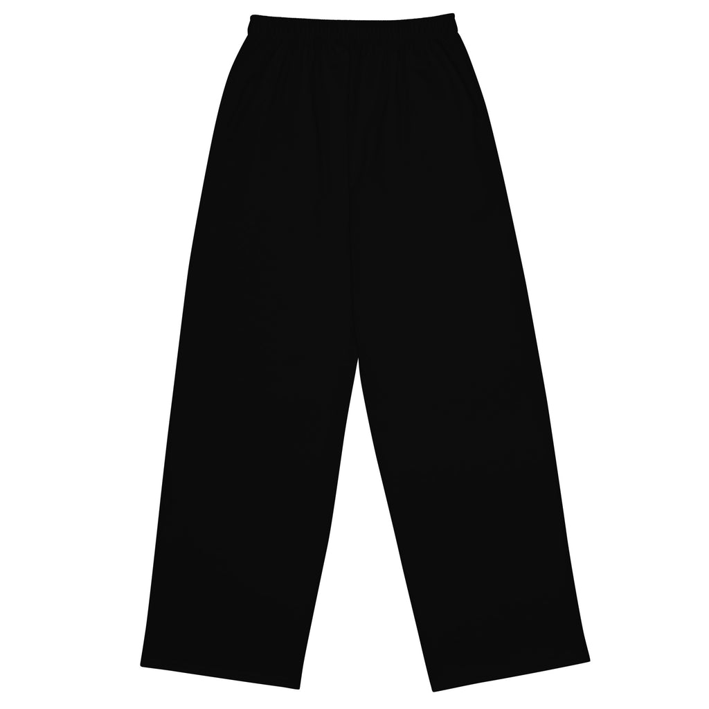 Pantalon large noir à taille élastique, jambe ample, sans motif visible.