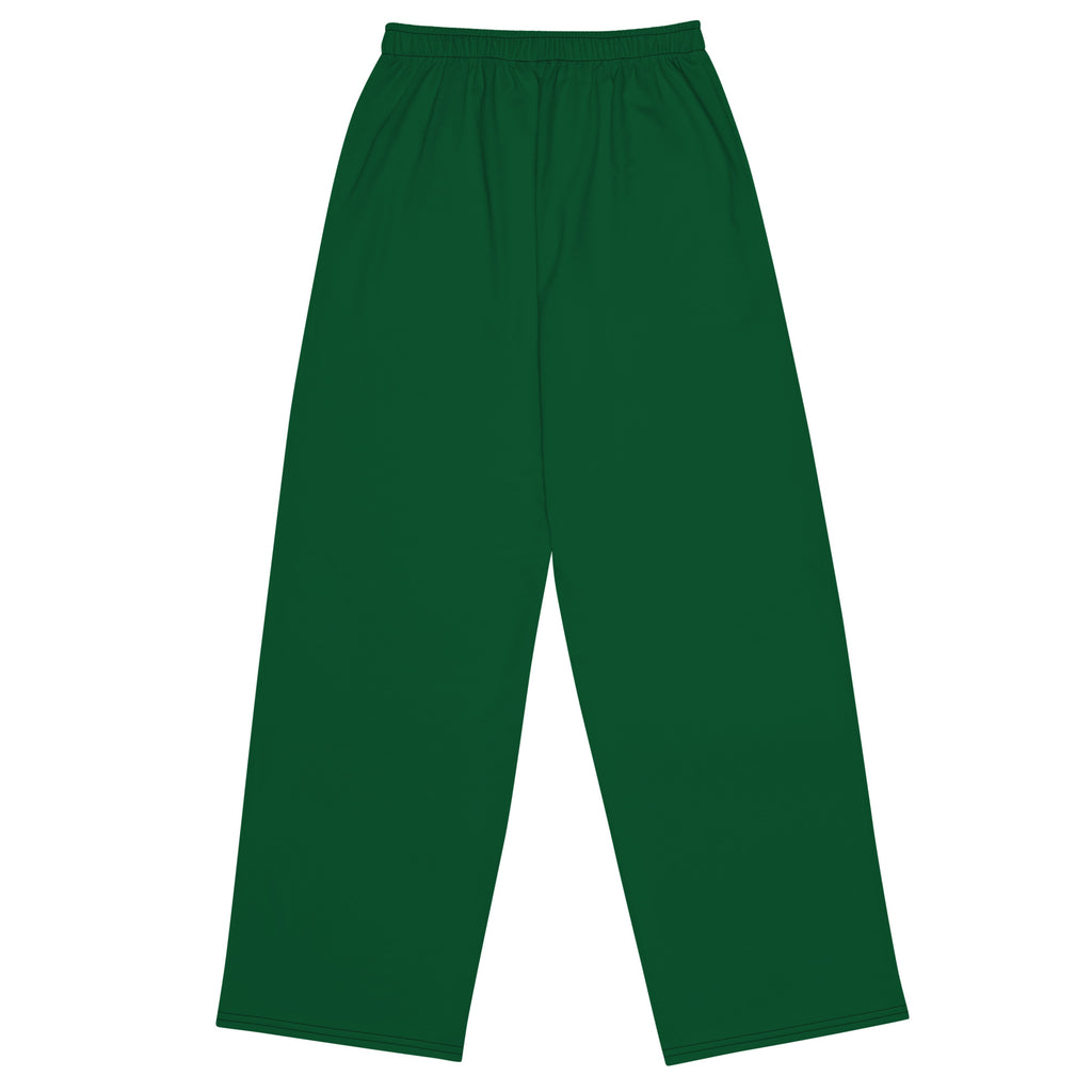 Pantalon ample vert foncé à taille élastique, jambes larges et tombé fluide.