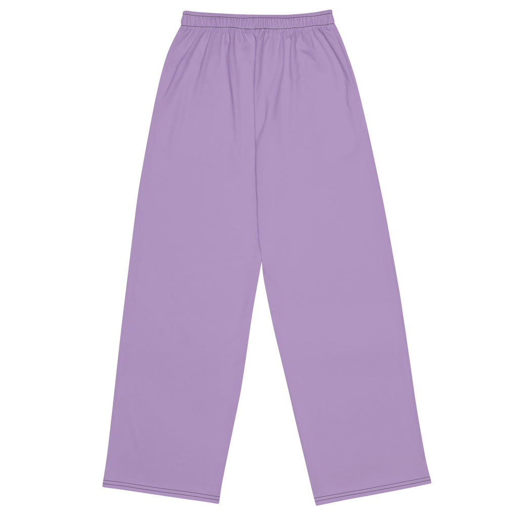 Pantalon large lilas à taille élastique, coupe ample droite, sans logo visible.