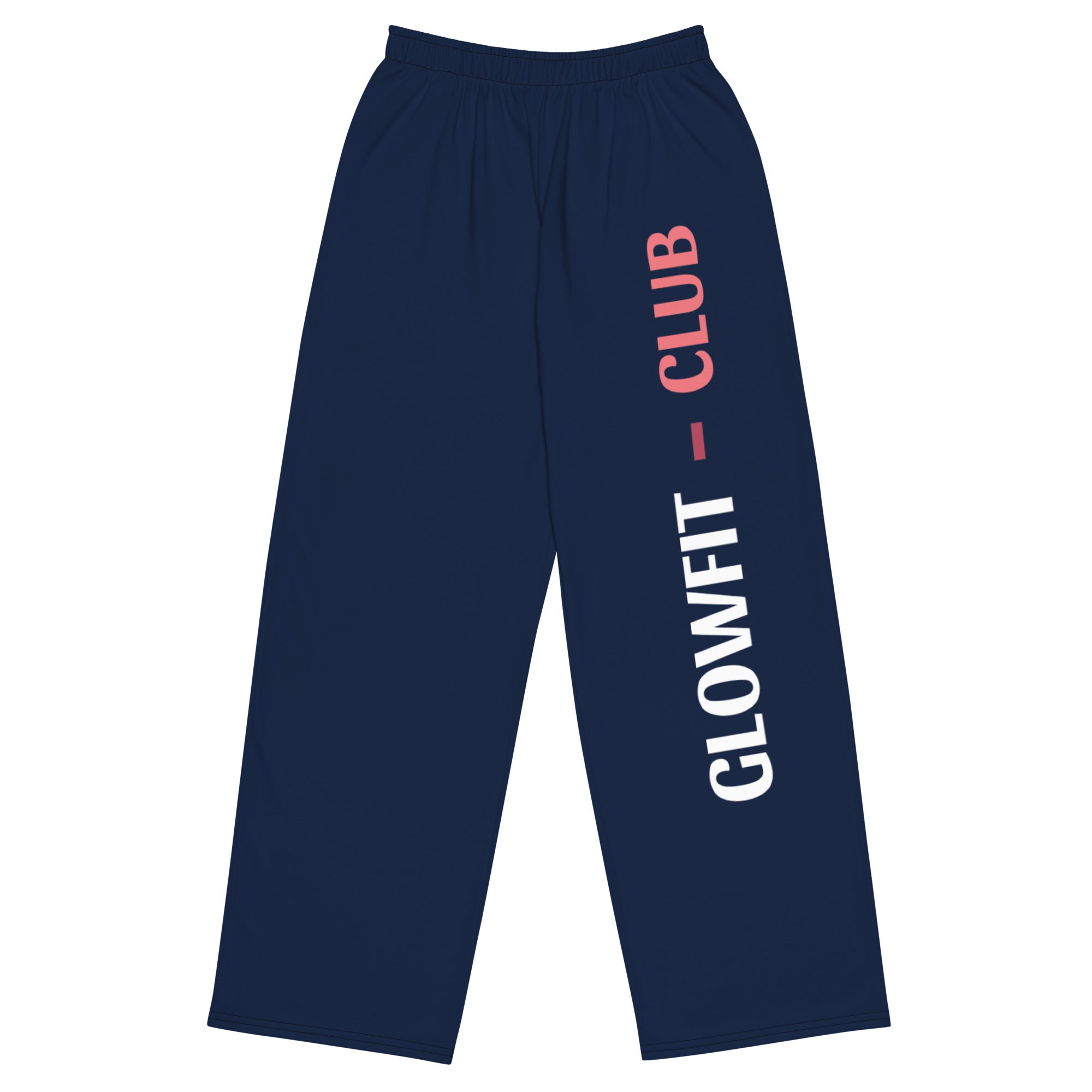 Pantalon large bleu foncé à taille élastique, jambe ample, grand marquage GLOWFIT-CLUB