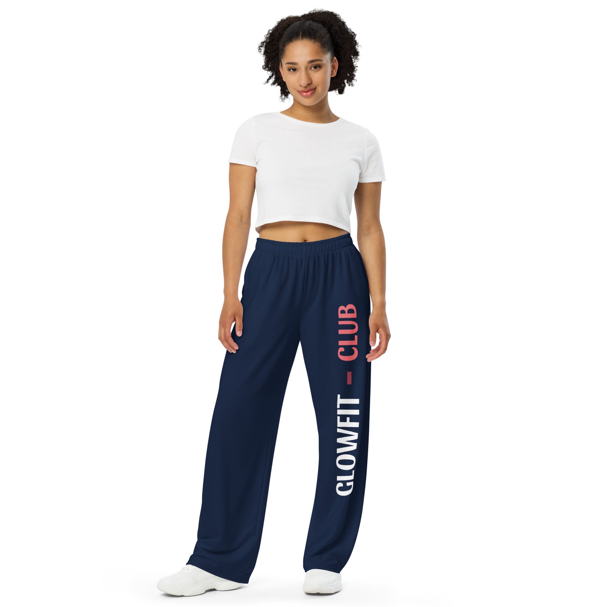 Pantalon large bleu foncé à taille élastique, jambe ample, marquage GLOWFIT-CLUB sur la jambe