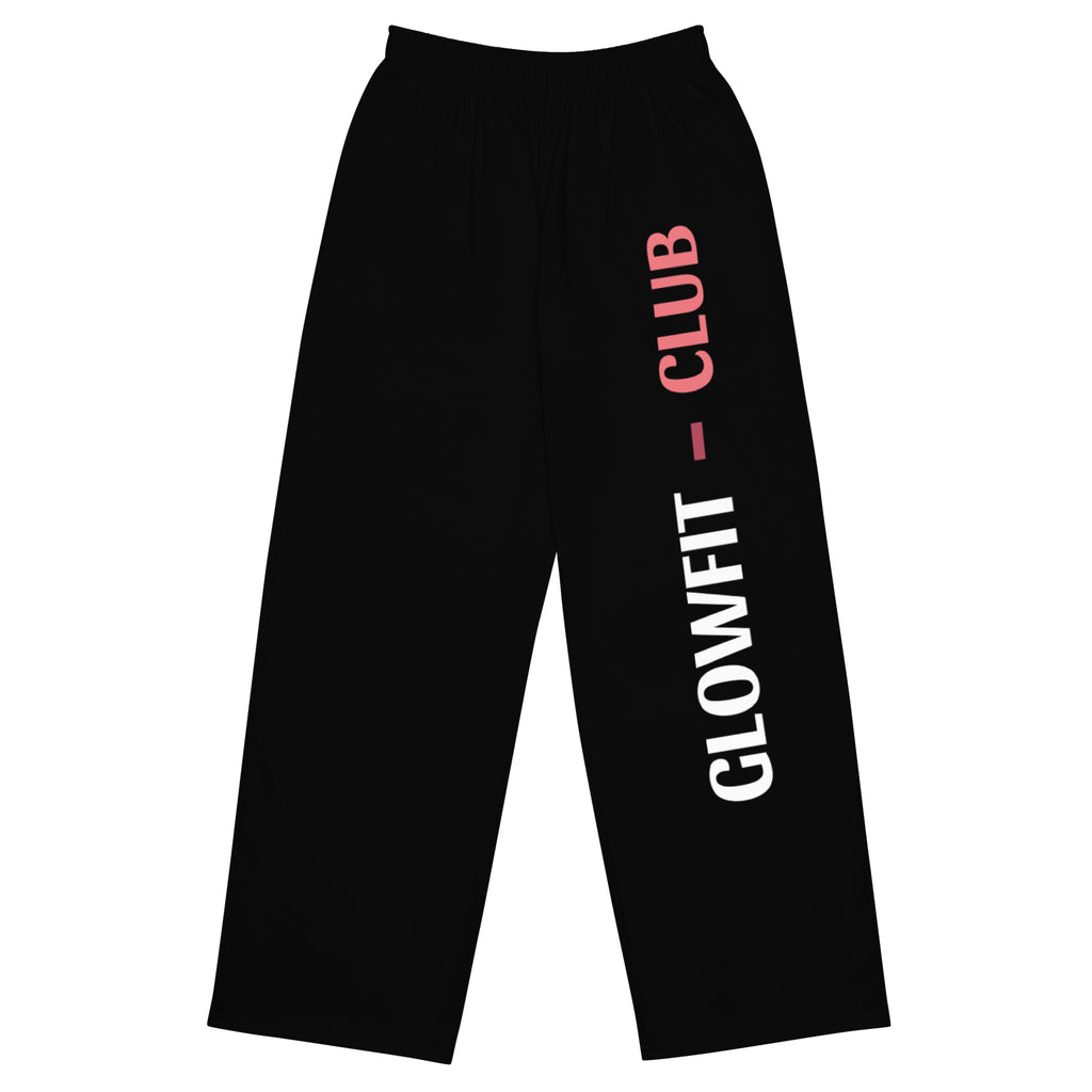 Pantalon large noir à taille élastique, jambe ample, imprimé latéral GLOWFIT-CLUB.