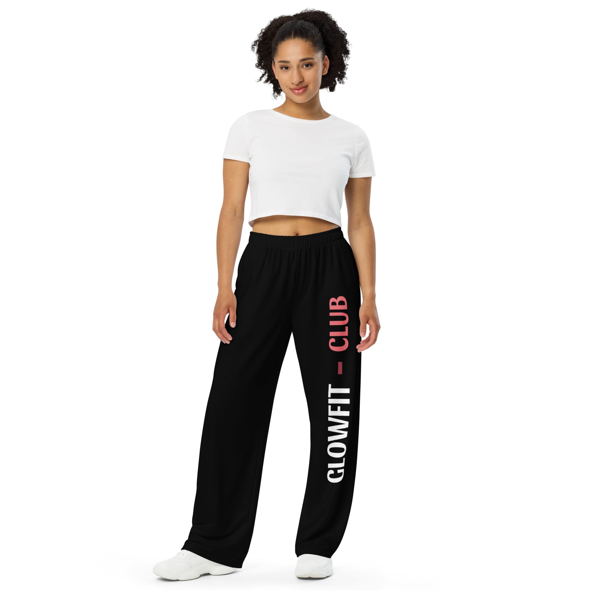 Pantalon large noir à taille élastique, jambe ample, imprimé vertical GLOWFIT-CLUB.