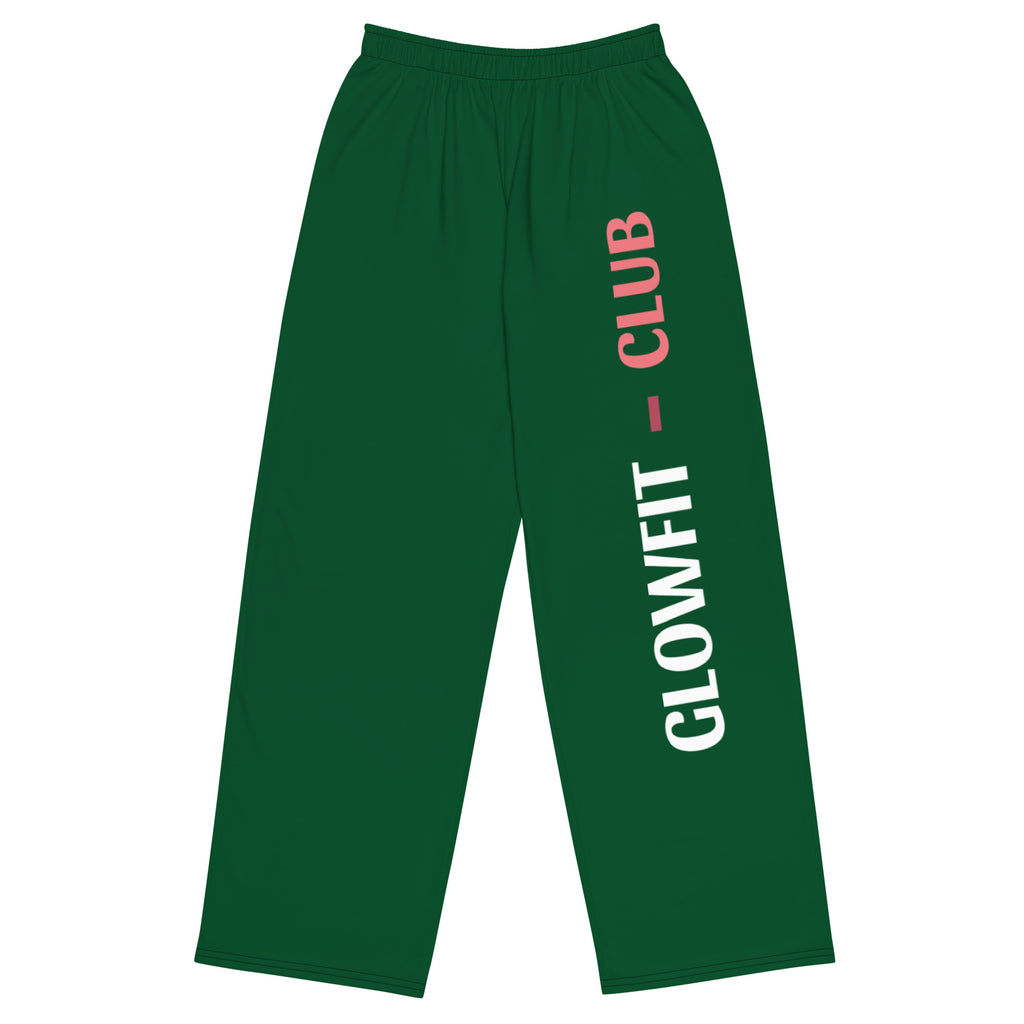 Pantalon ample vert foncé, taille élastique, logo vertical GLOWFIT-CLUB sur la jambe.