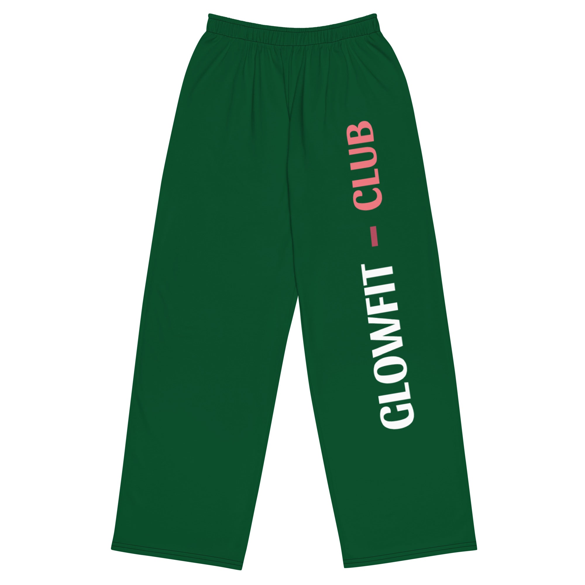 Pantalon ample vert foncé, taille élastique, logo vertical GLOWFIT-CLUB sur la jambe.