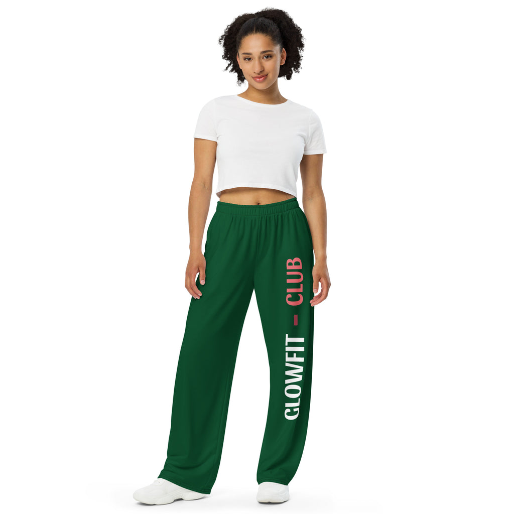 Pantalon ample vert foncé avec taille élastique et logo vertical GLOWFIT-CLUB.