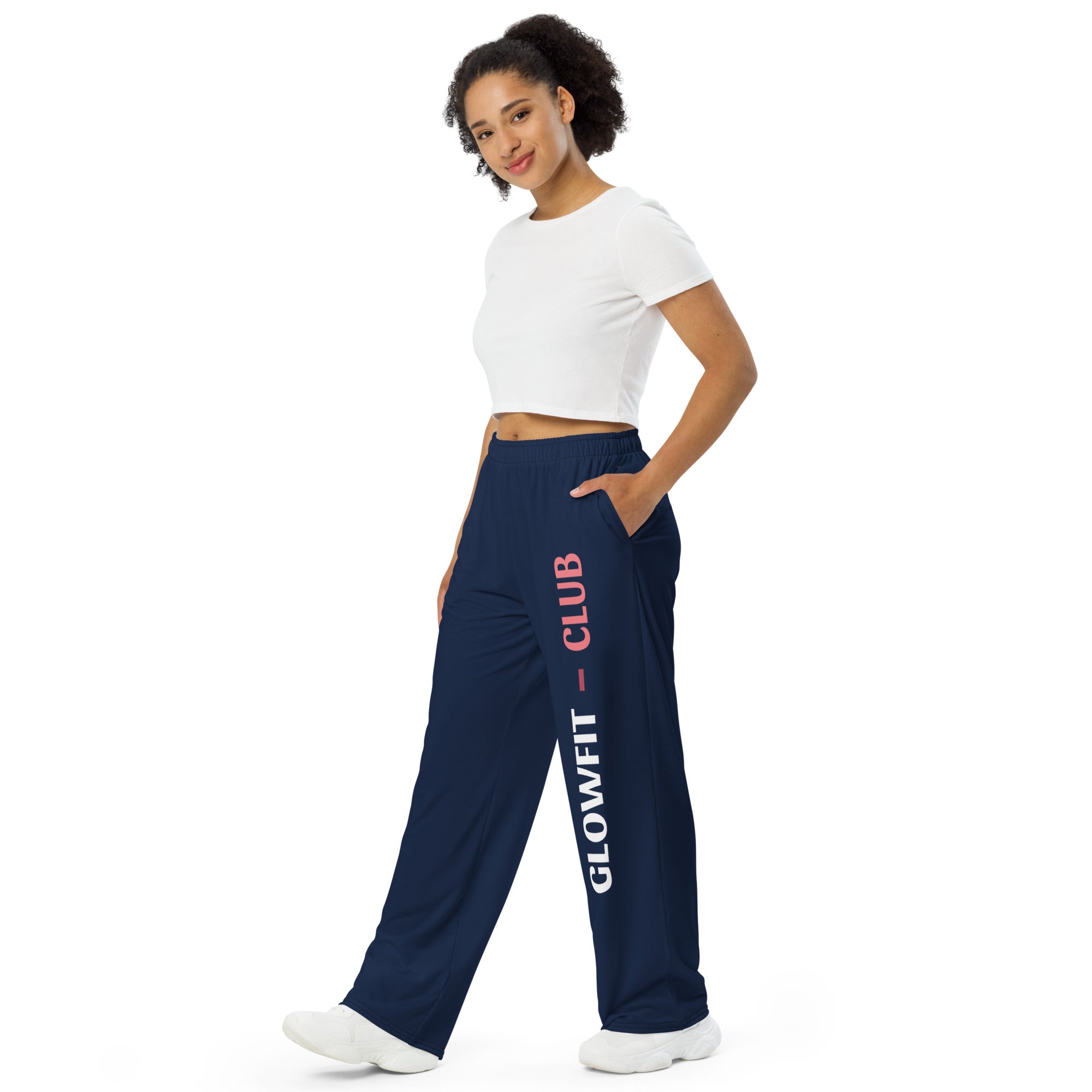 Pantalon large bleu foncé à taille élastique, jambe ample, imprimé GLOWFIT-CLUB sur le côté