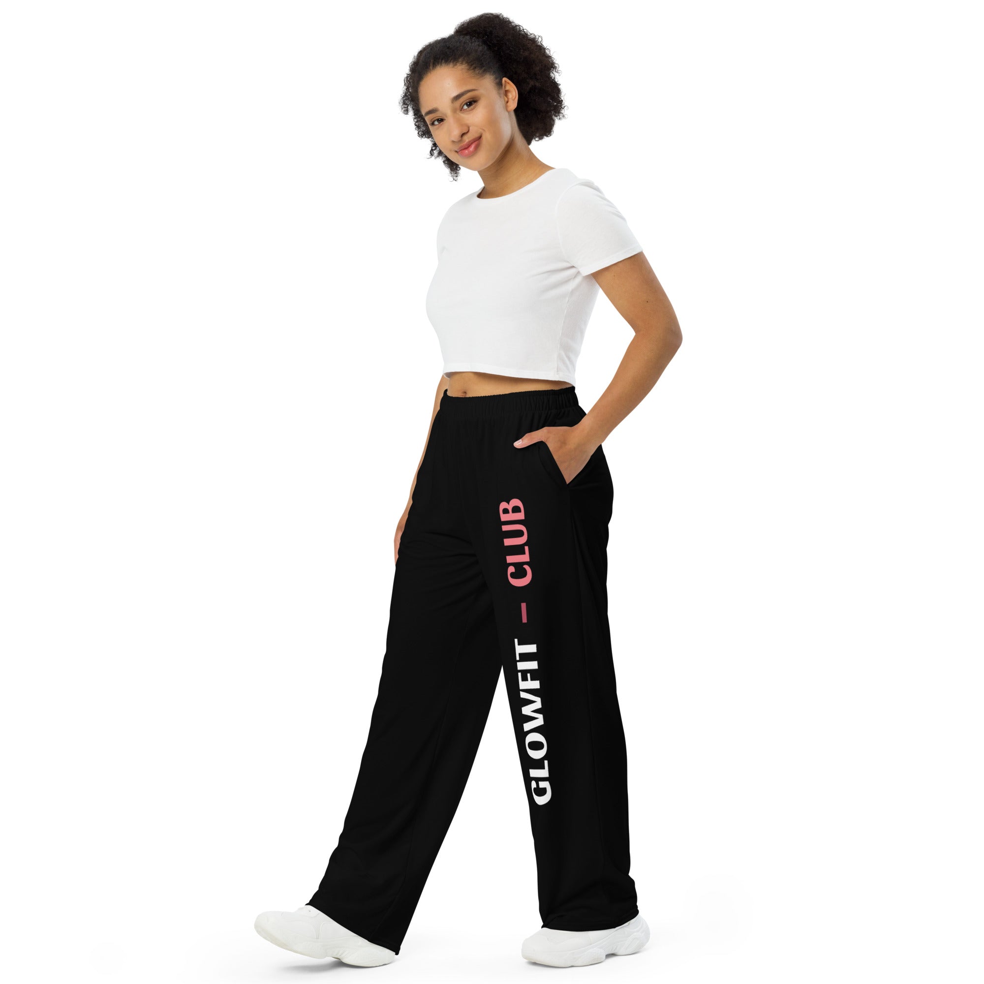 Pantalon large noir à taille élastique, jambe ample, imprimé latéral GLOWFIT-CLUB.