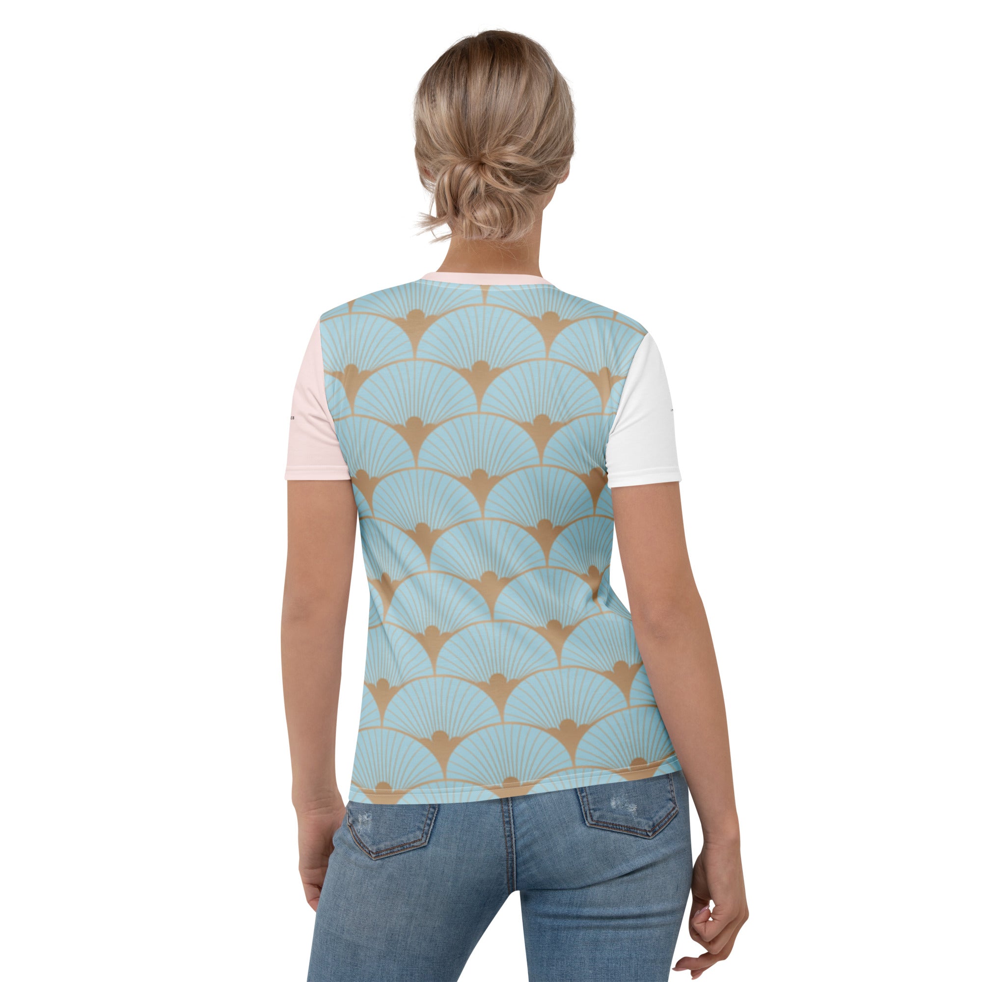 T-shirt femme imprimé éventails, vue dos, manches courtes et bord rose en bas