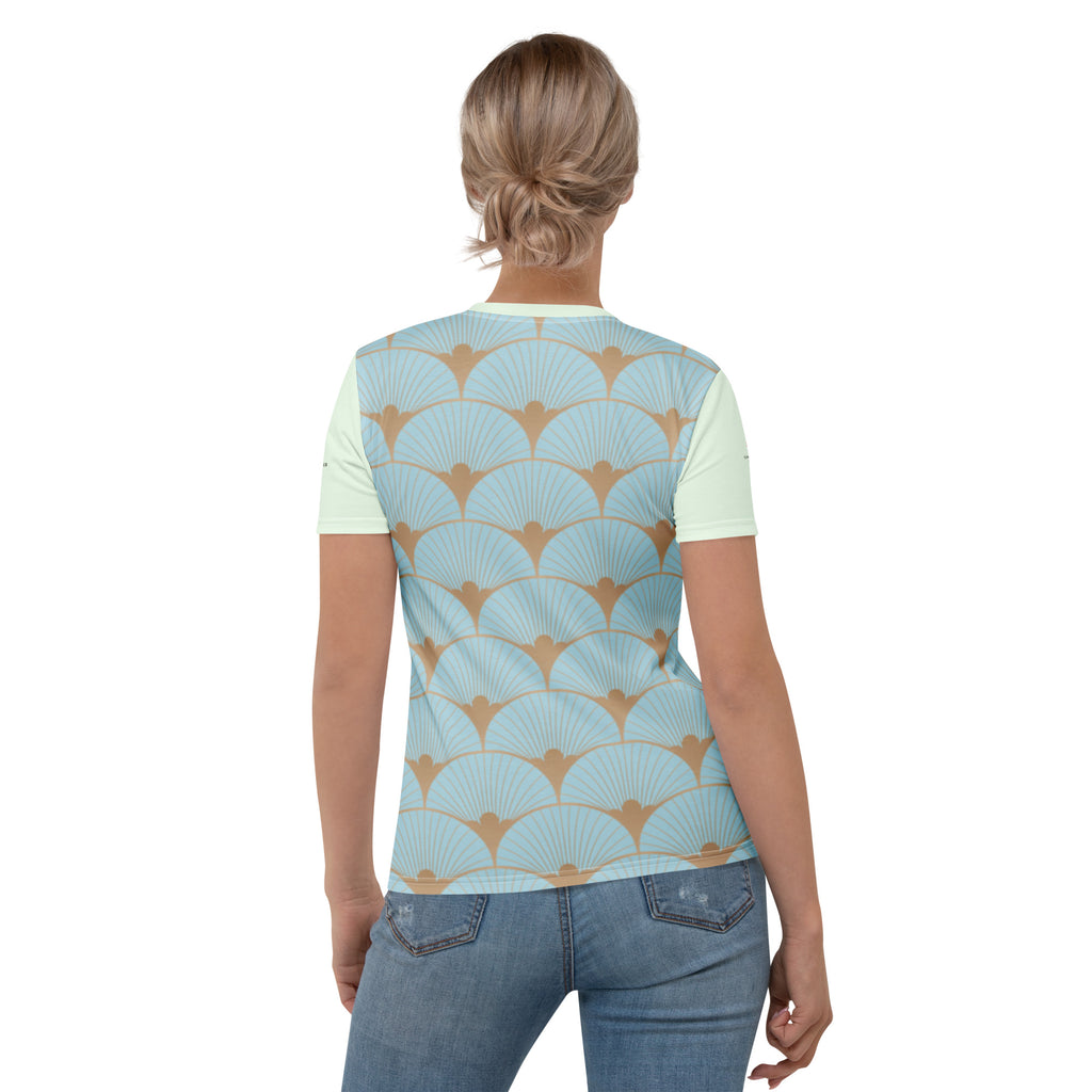 T-shirt bleu menthe, dos avec motif art déco éventails, encolure ronde