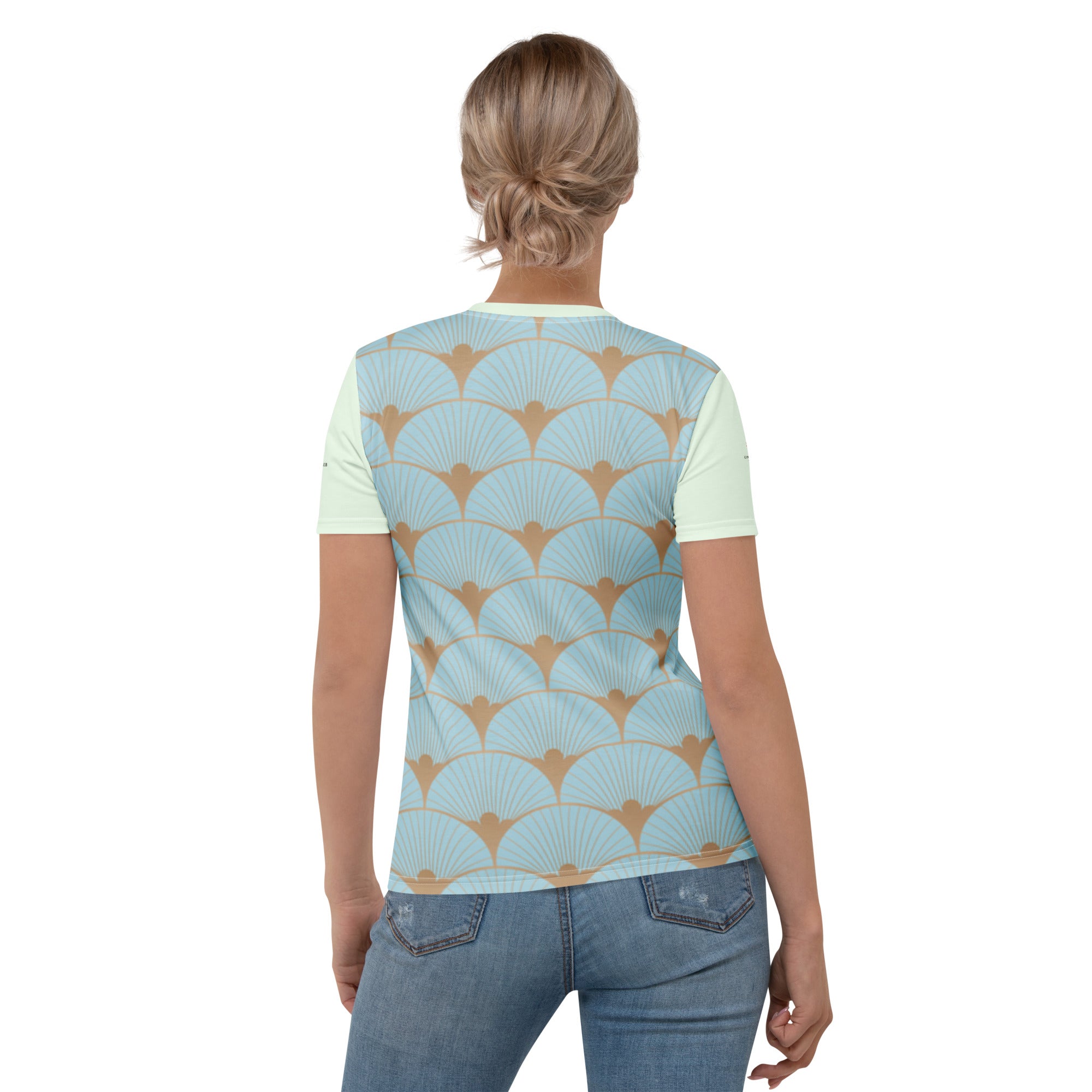 T-shirt bleu menthe, dos avec motif art déco éventails, encolure ronde