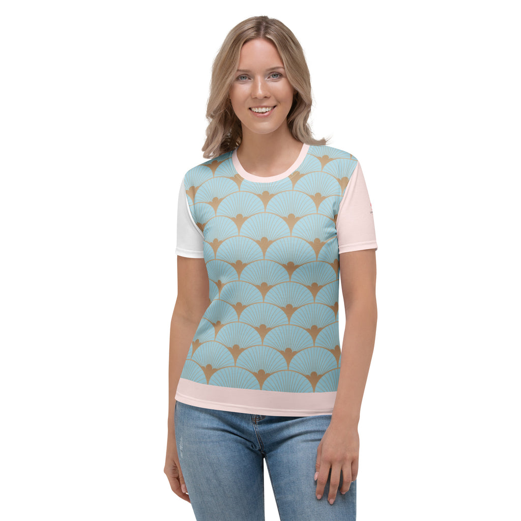 T-shirt femme à manches courtes, col rond, imprimé éventails bleu et rose