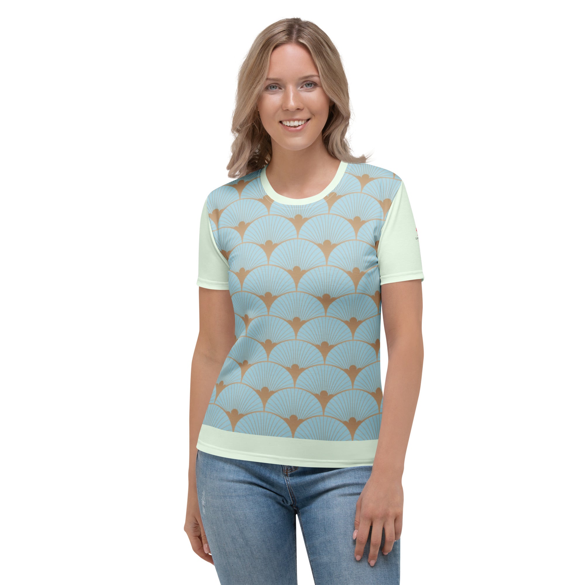T-shirt femme manches courtes bleu menthe, encolure ronde, motif art déco éventails