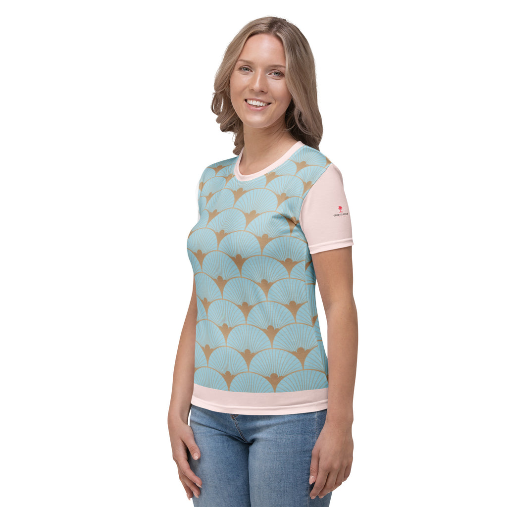 T-shirt femme bleu clair à imprimé éventails, bord rose au col et en bas