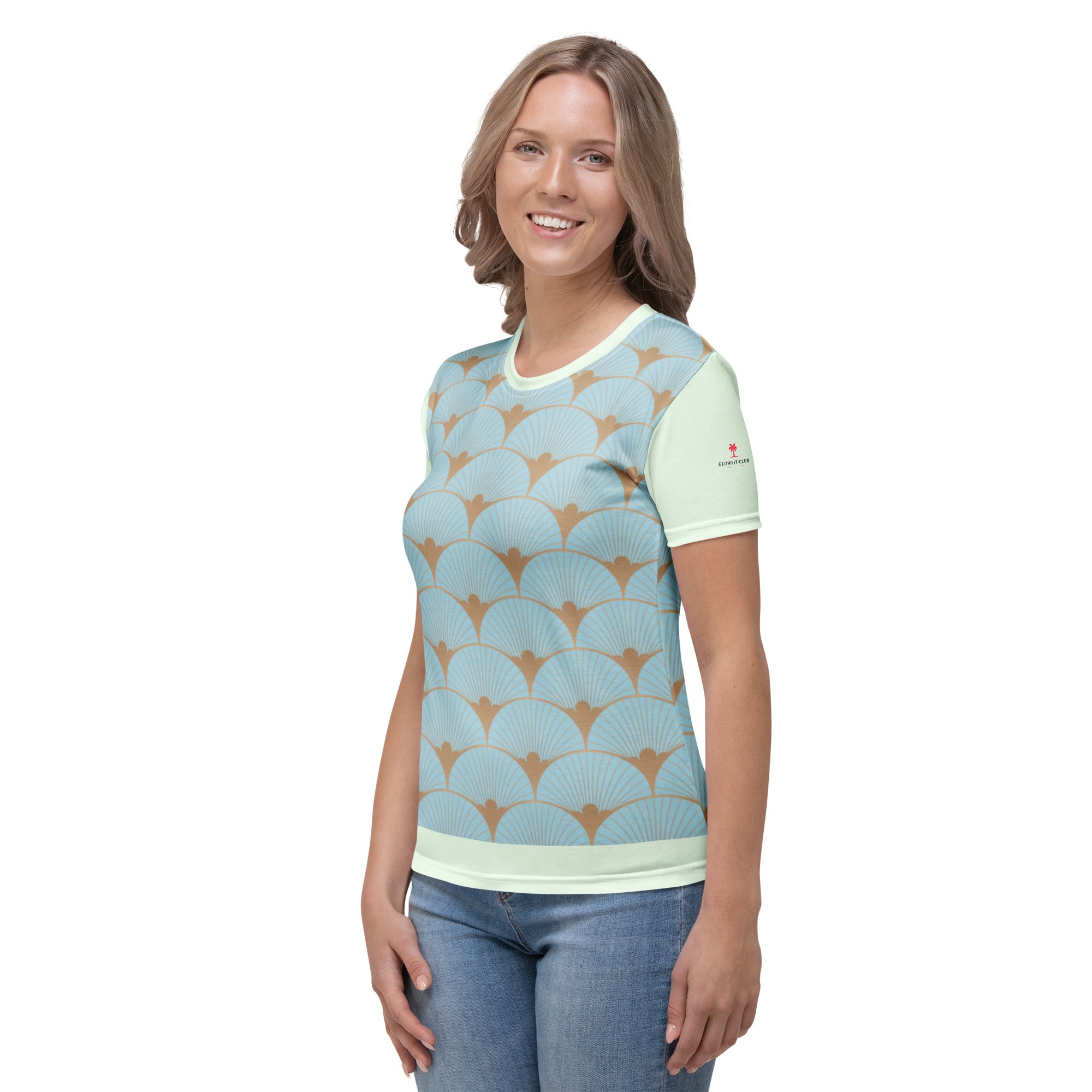 T-shirt bleu menthe imprimé éventails art déco, col rond, manches courtes