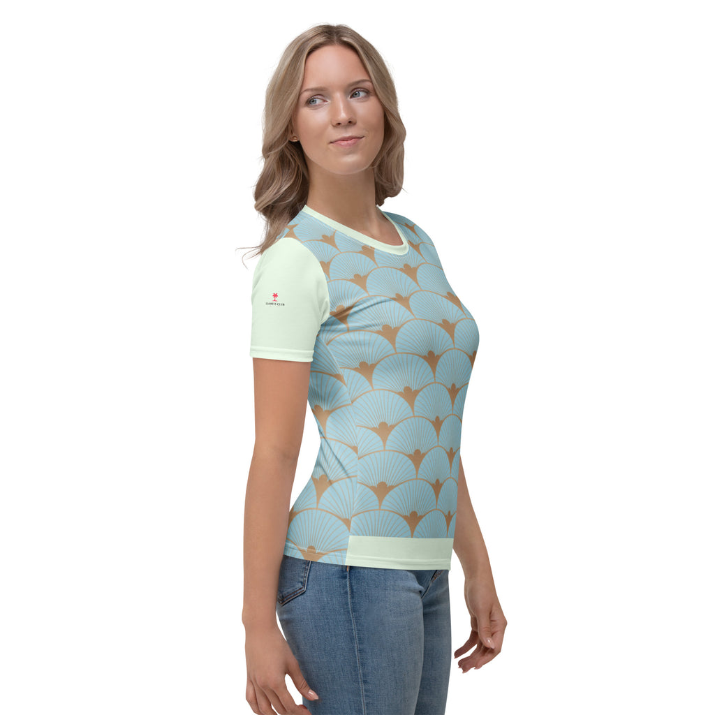 T-shirt bleu menthe motif éventails art déco, encolure ronde, ourlet bas