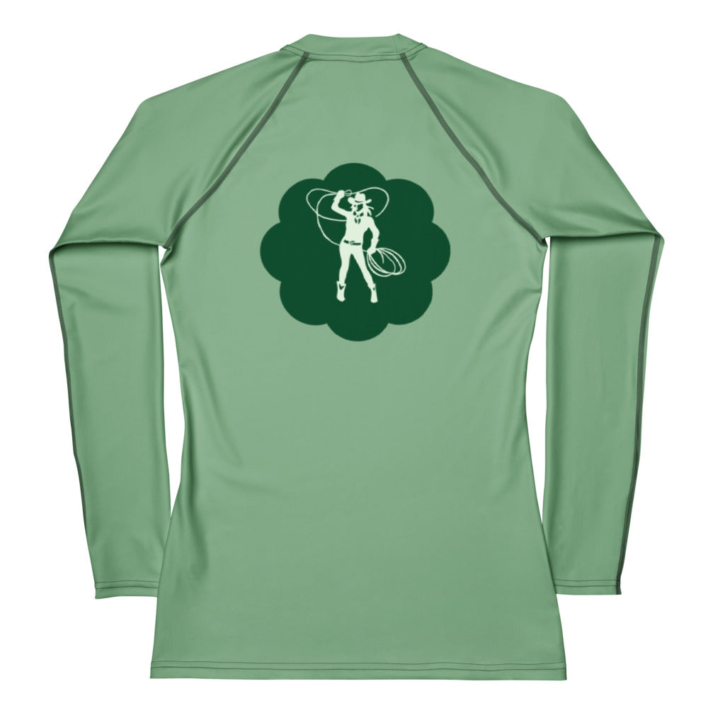 T-shirt de compression vert manches longues, grand motif au dos et coutures contrastées.
