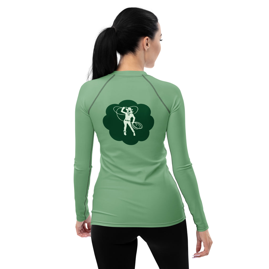 T-shirt de compression vert manches longues au dos, grand motif et coupe près du corps.