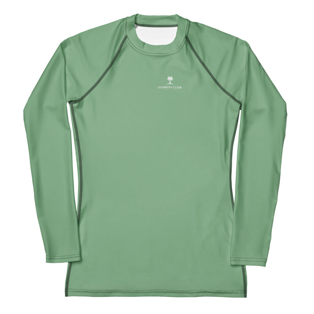 T-shirt de compression vert à manches longues raglan, logo poitrine discret.
