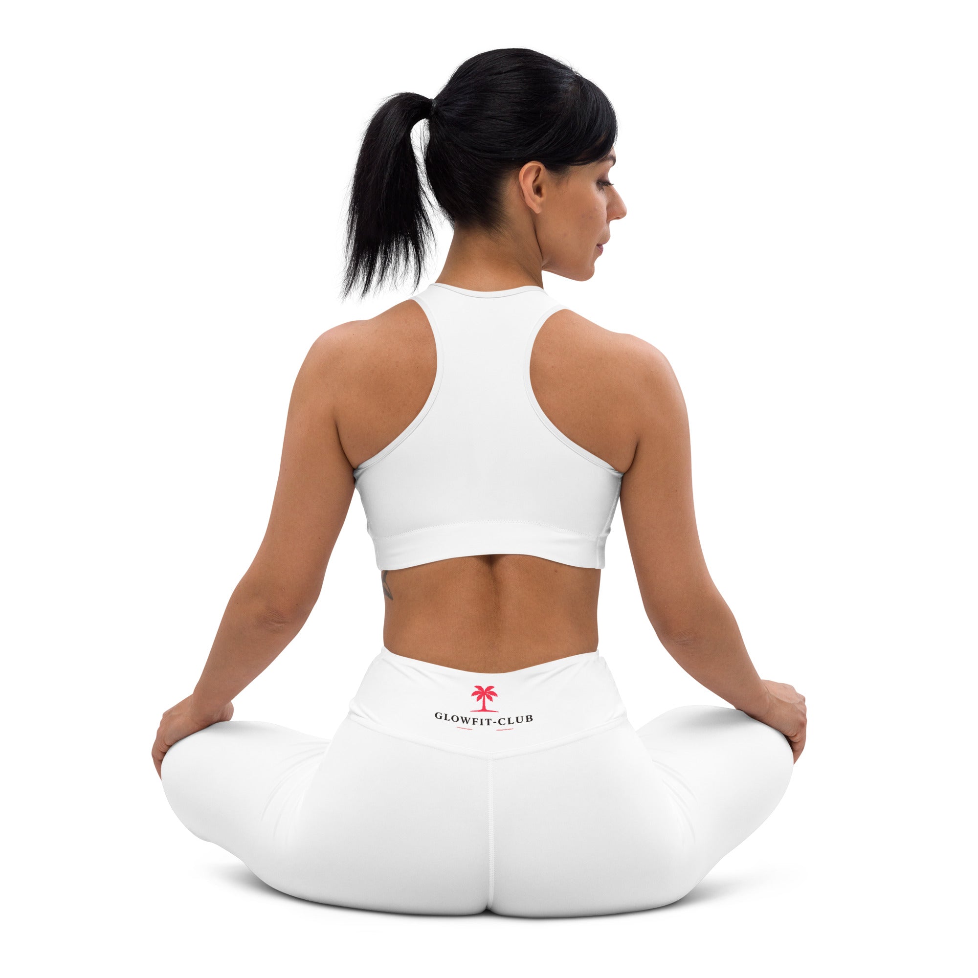 Legging blanc vu de dos, logo « GLOWFIT-CLUB » sur la ceinture