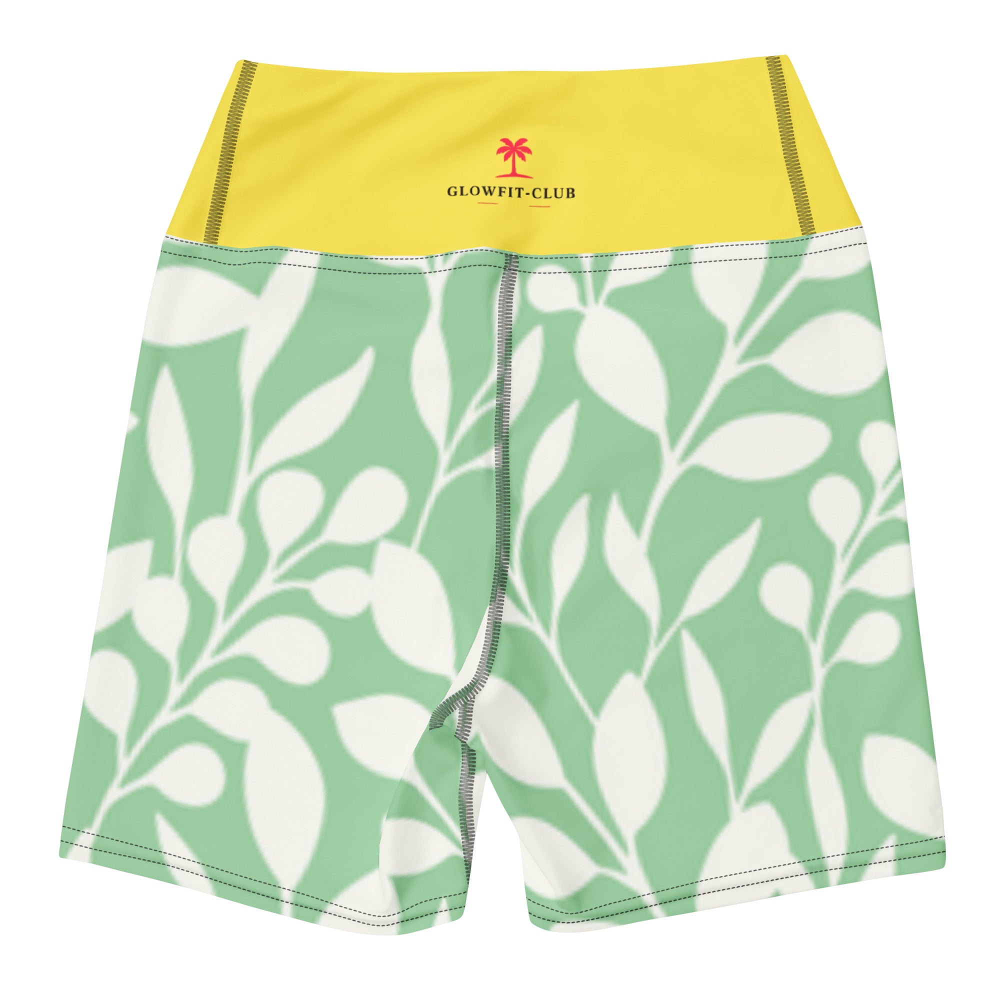 Short de fitness vert à imprimé feuilles blanches, taille jaune avec logo GLOWFIT-CLUB.