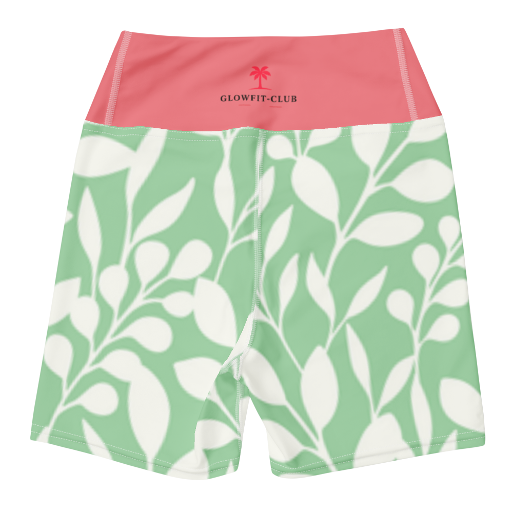 Short de sport vert et blanc à motif feuilles, taille rose, coupe droite