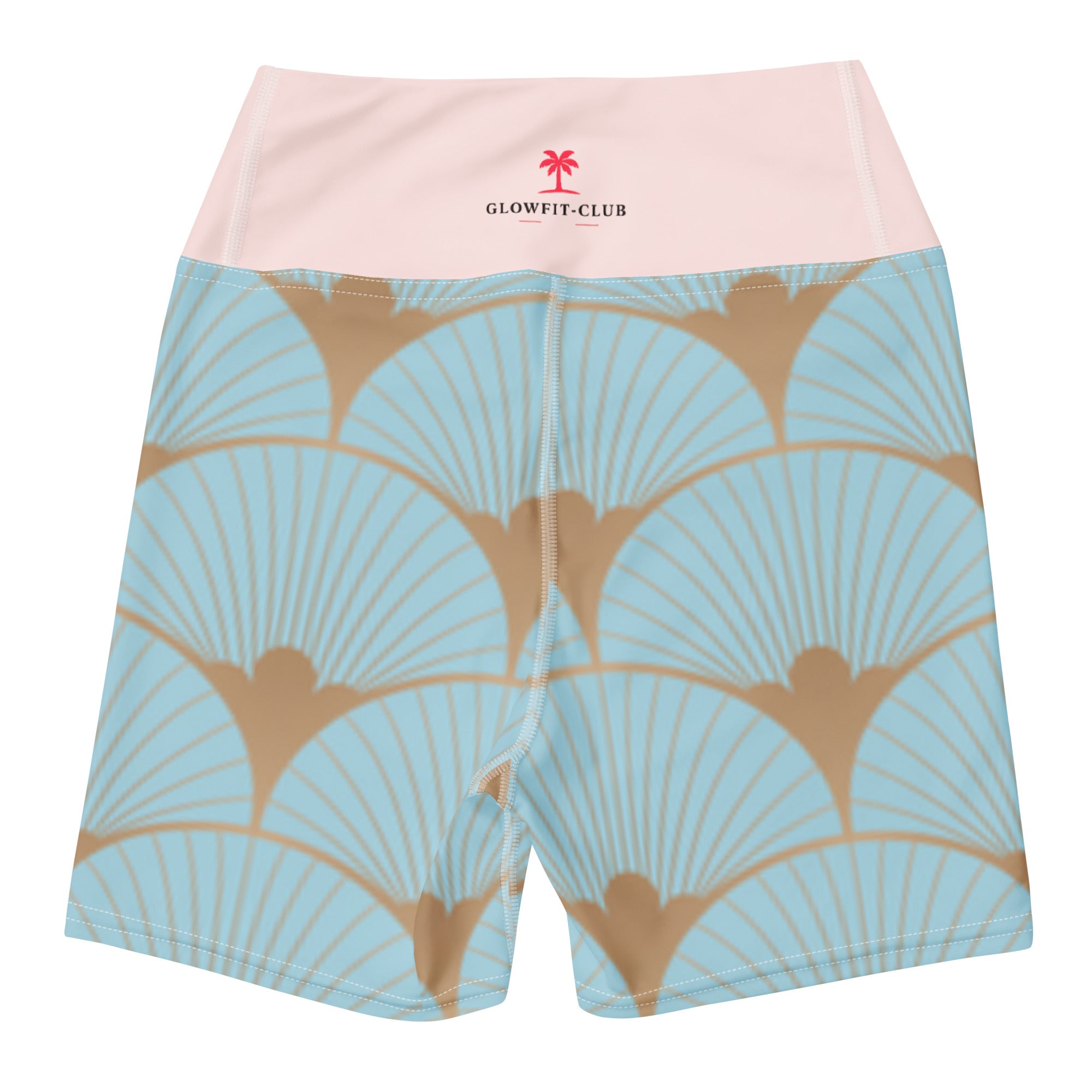 Short de yoga bleu clair imprimé art déco, taille rose GLOWFIT-CLUB, éventails dorés