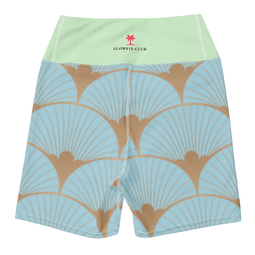 Short de fitness vert menthe avec motif éventails art déco bleu, coupe droite
