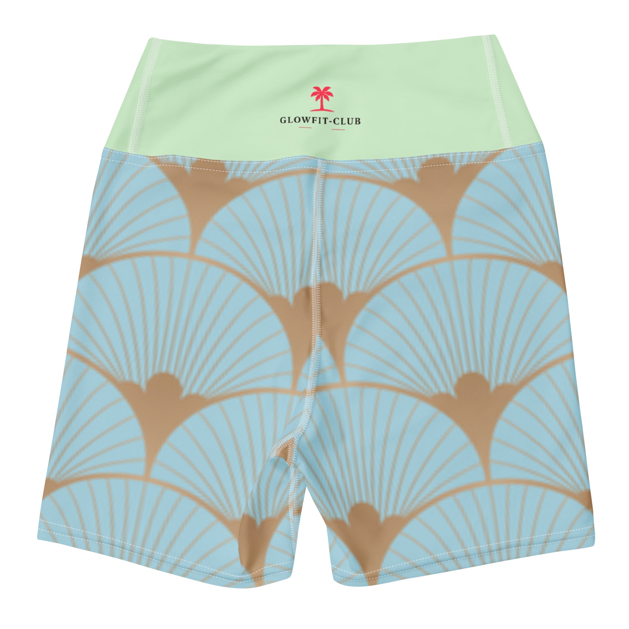 Short de fitness vert menthe avec motif éventails art déco bleu, coupe droite