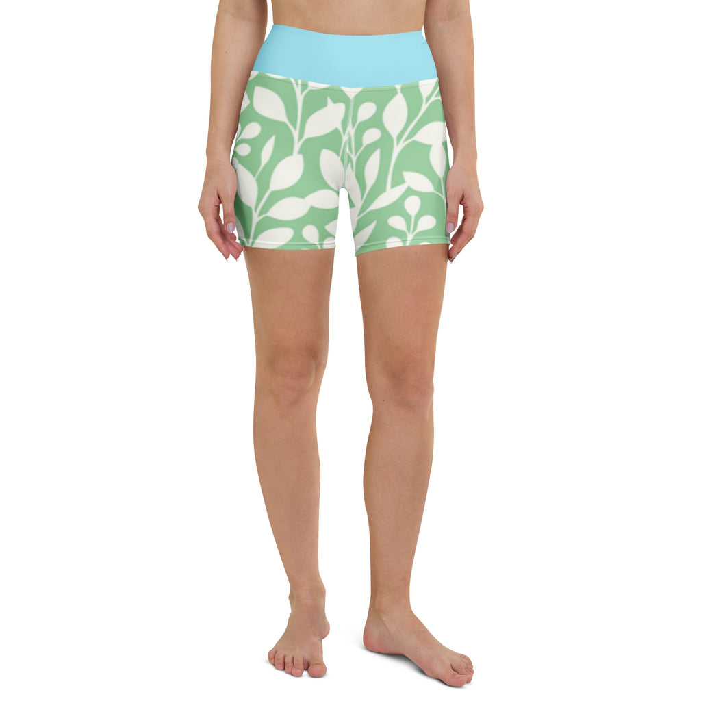 Short de fitness mi-cuisse à motifs feuillage, ceinture bleu clair, vue de face