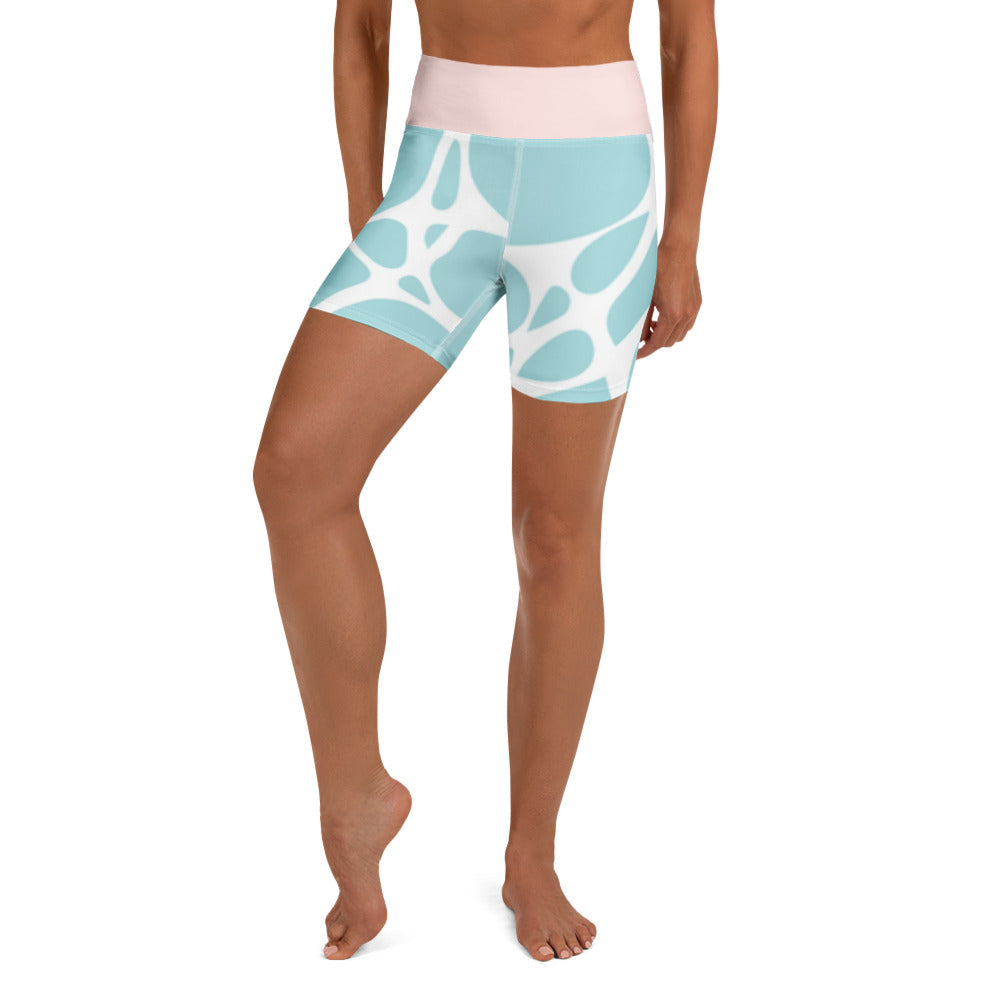 Short de fitness turquoise à motif abstrait blanc, taille rose, vue de dos