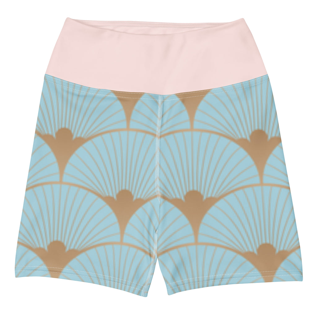 Short de yoga bleu clair imprimé art déco, taille rose, motif éventails dorés